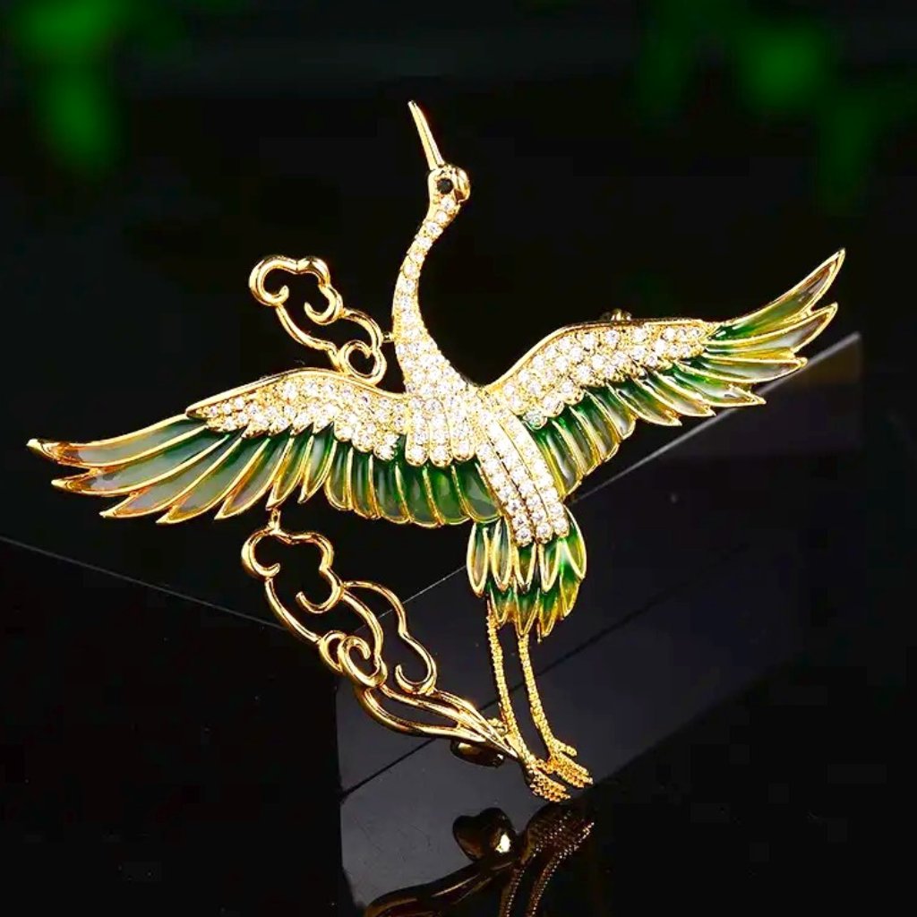 Elegant Gold And Green Crane Brooch